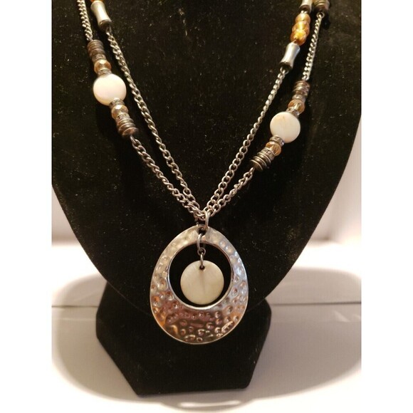 Silver Mother of Pearl Beaded Necklace 2 Strand Adjustable Lobster Clasp - Picture 2 of 8